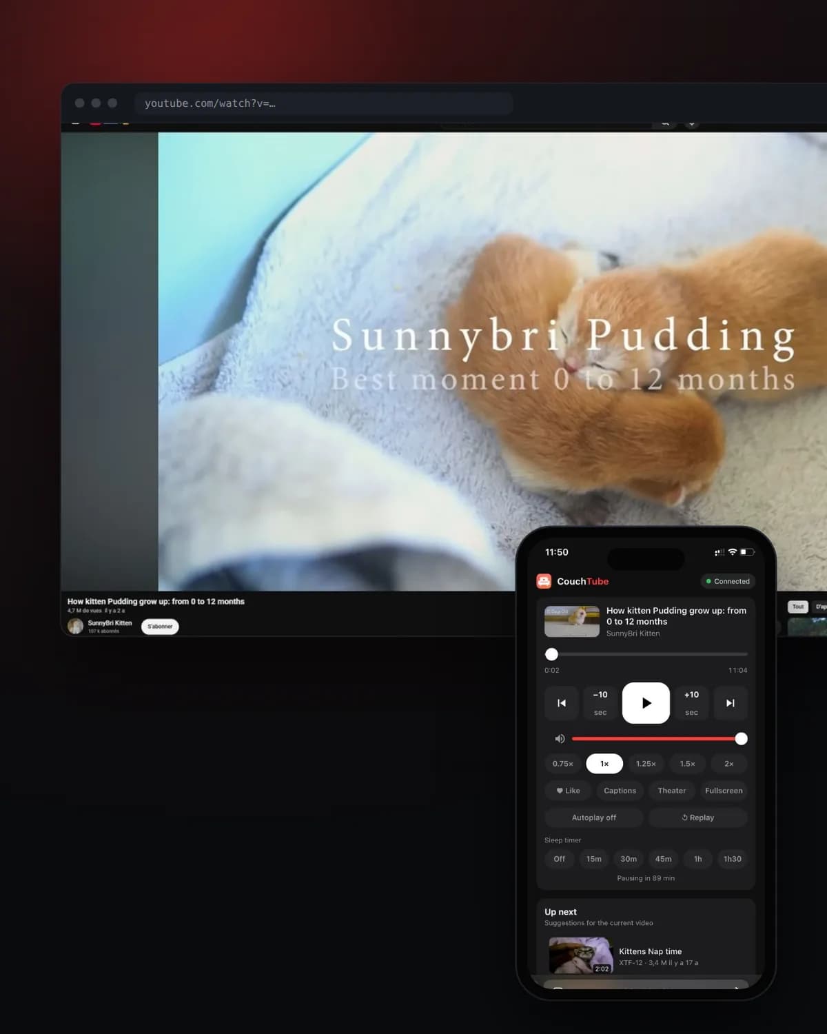CouchTube remote on a phone next to YouTube on a laptop